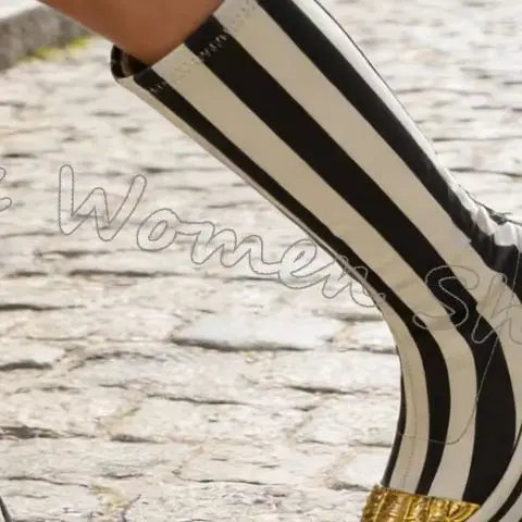 Striped Knee High Boot Platform Metal Finger Slip-On Leather Mixed Color Women Shoes Round Toe Thick Bottom Luxury Sexy Concise