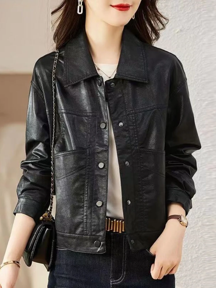 High-End Imitation Genuine Leather Coat Women\'s Short Locomotive Jacket Autumn Korean Lapels Long Sleeve Soft Leather Outerwear