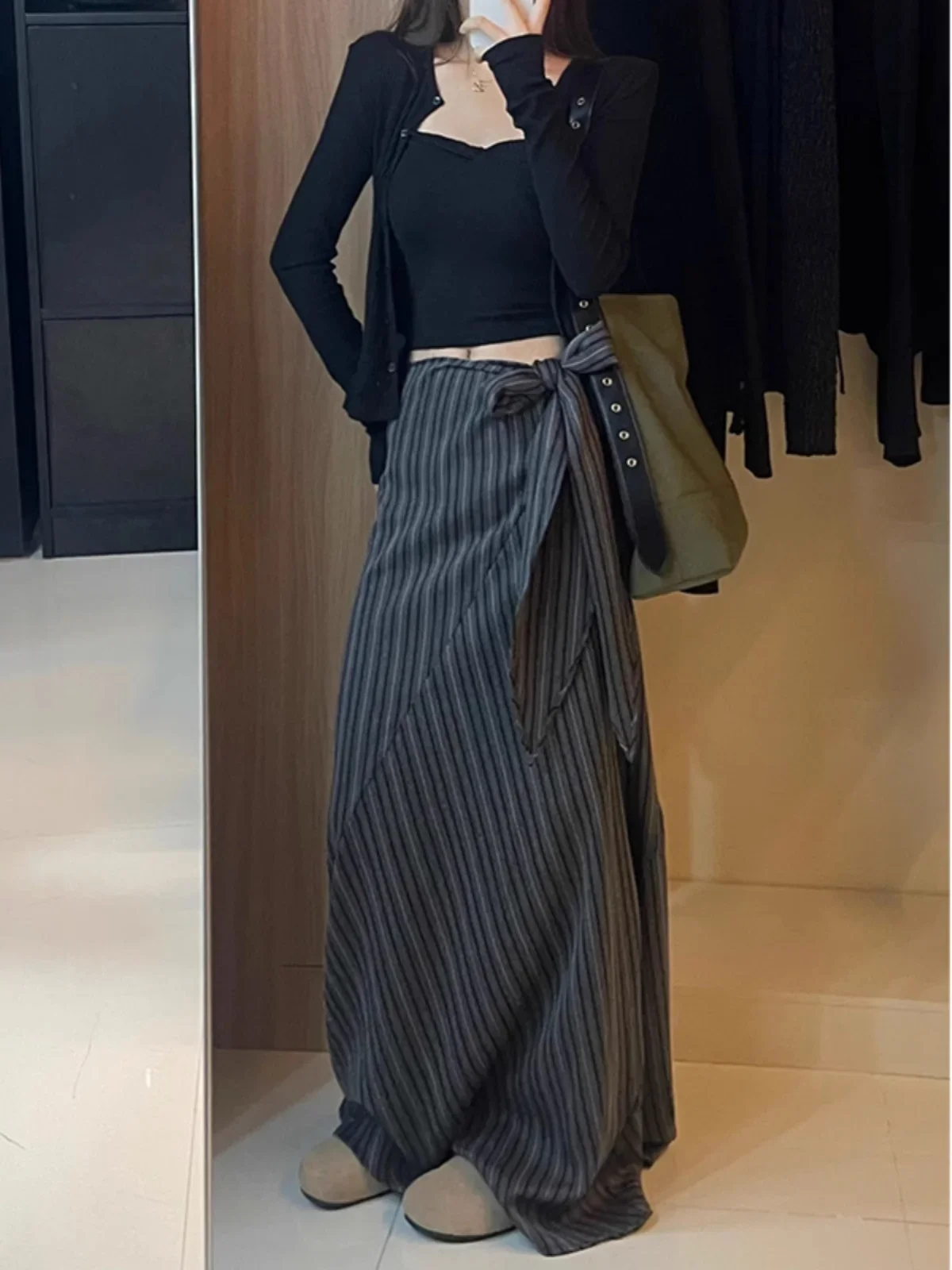 Dark Grey Casual Long Striped Skirts Women Stitching Vintage Baggy Streetwear Outfits Split Fashion Low Waist Loose Skirt 2024