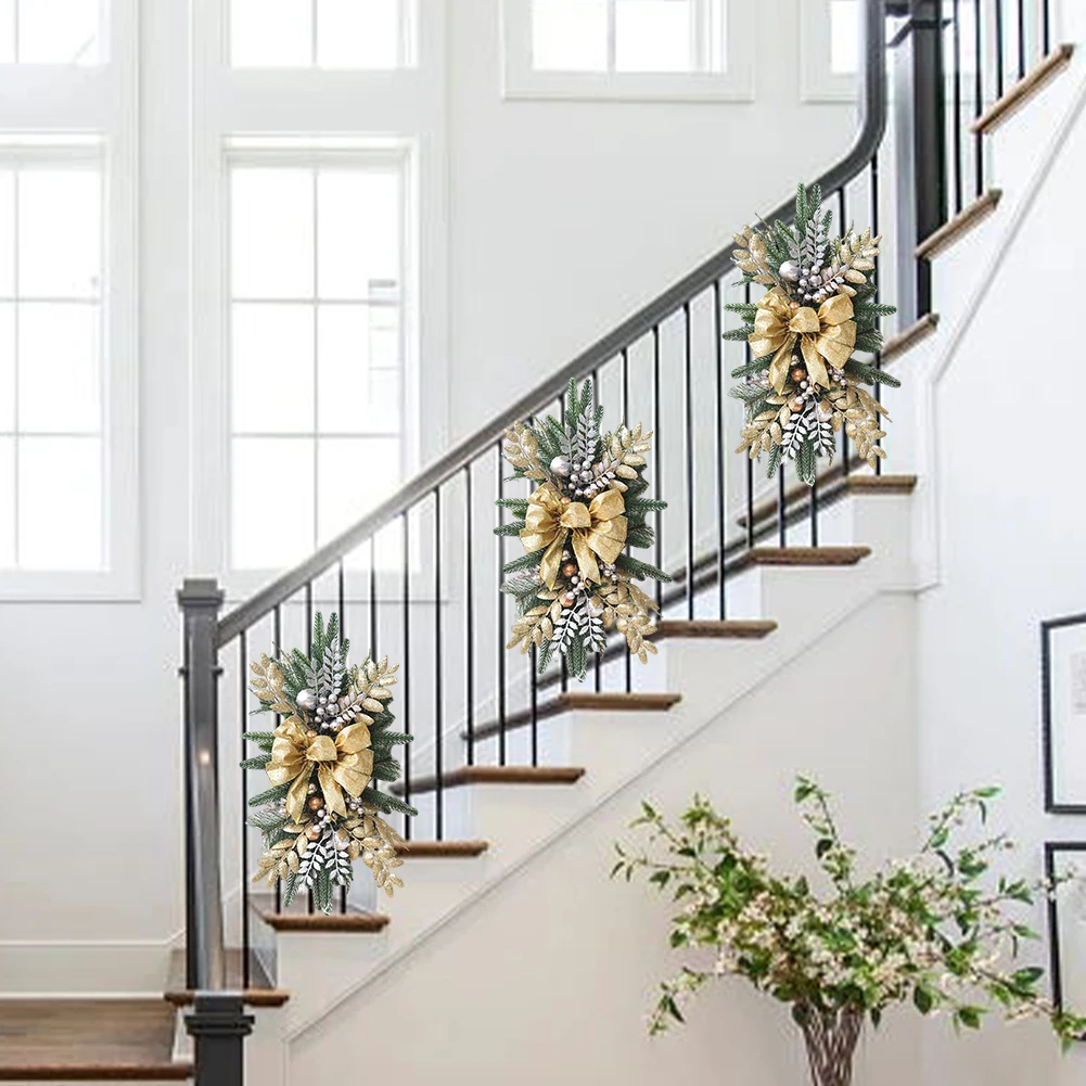 Christmas Wreath Staircase Decor Christmas Ornament with LED Light Home Door Window Wreath Hanging Stair Garland Wall Decoration