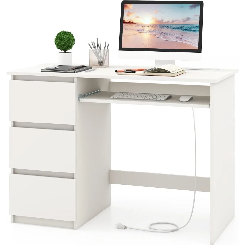

White office desk with 3 storage drawers and built-in charging station, home desk with keyboard tray