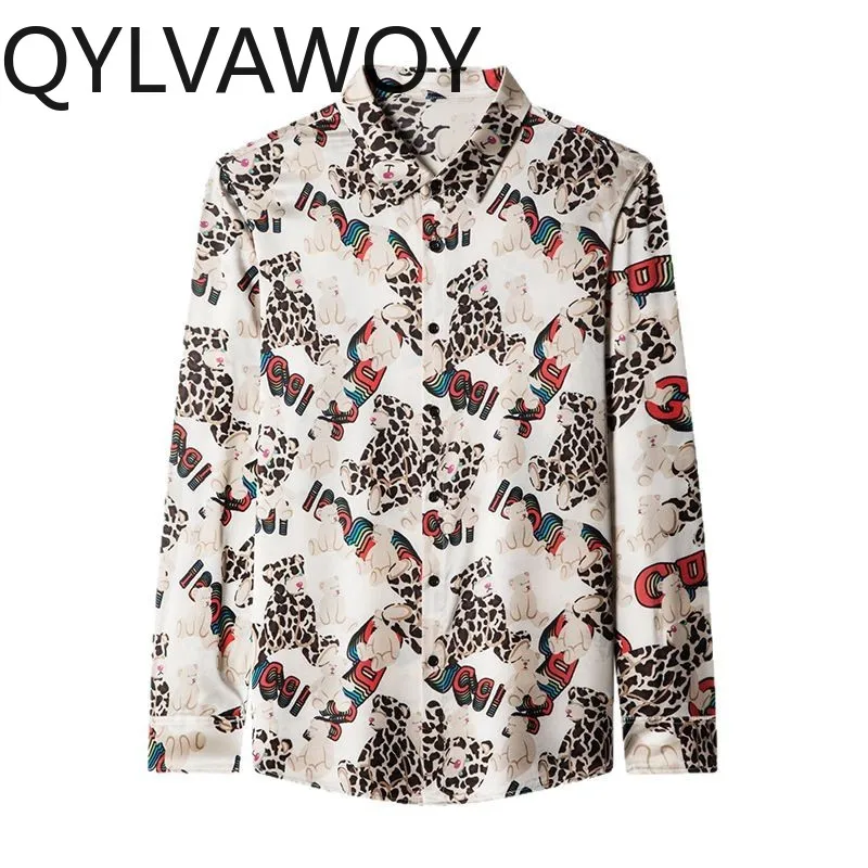

QYLVAWOY Spring Autumn Men's Shirts Thin Menswear Clothing 92.4% Mulberry Silk Long Sleeve Shirt Floral Shirts for Man Tops New