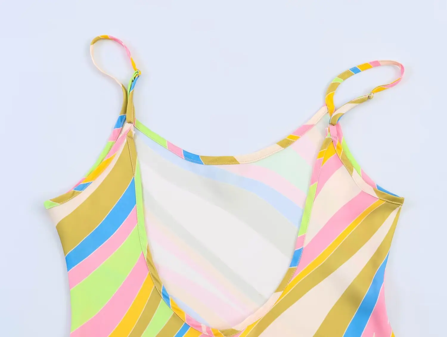 TFMLN Damen-Kleid mit gestreiftem Spaghetti-Träger, ärmellos, rückenfrei, Regenbogen-Print, Strandkleider, neues Sommer-Party-Chic-Damen-Outfit – Detail 10