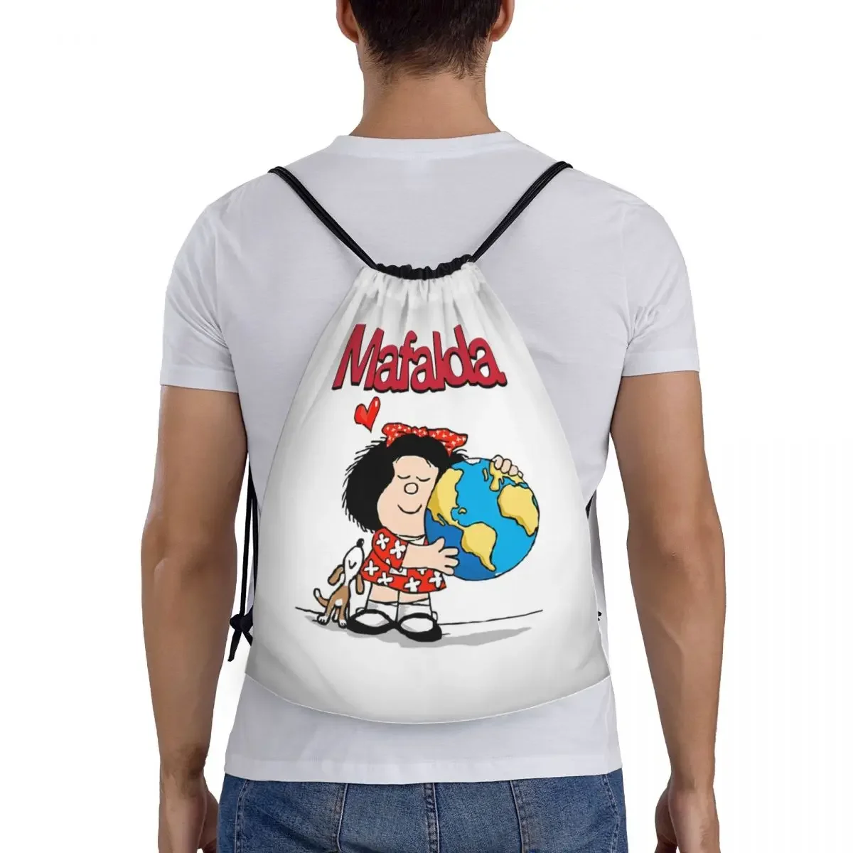 Mafalda und ihr Welpe Kordel zug Rucksack Frauen Männer Fitness studio Sport Sackpack tragbare Quino Comic Cartoon Einkaufstasche Sack