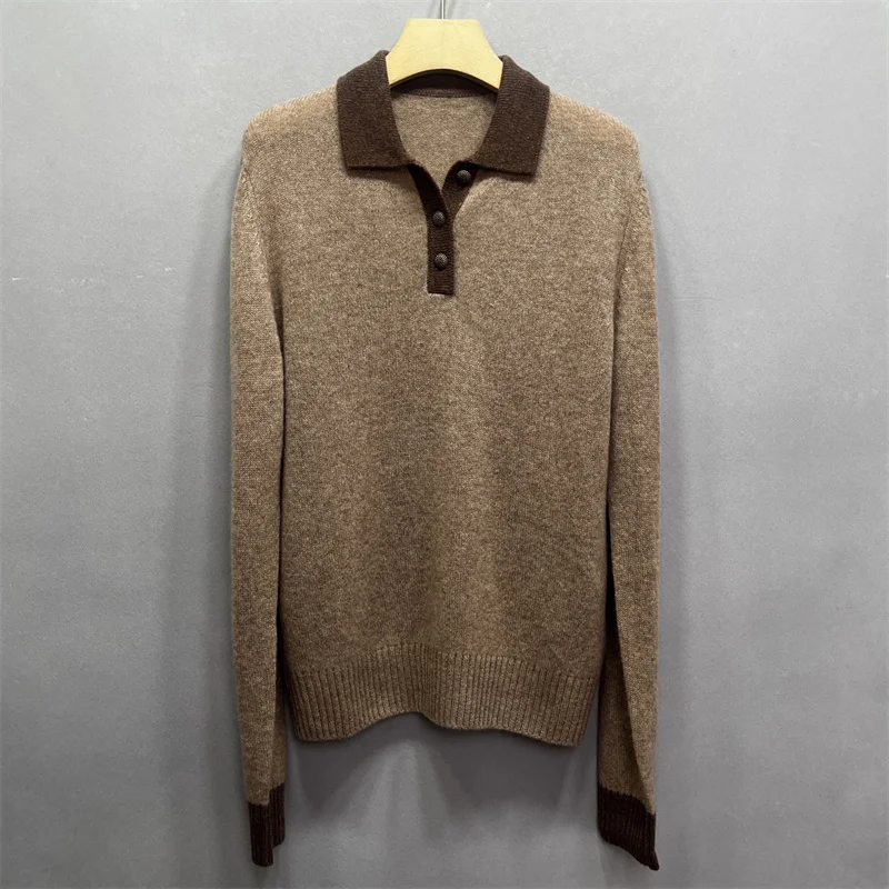 

Женский свитер, новинка осени 2025, топ с длинными рукавами контрастного сращивания, пуловер с воротником-поло из смеси кашемира, эластичный тонкий трикотаж
