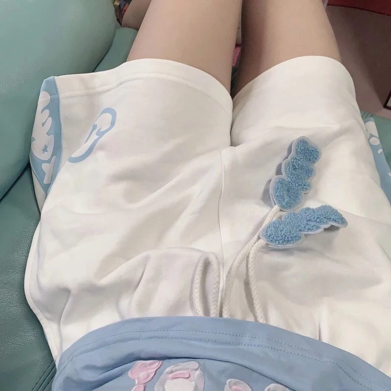 Kawaii feminino shorts japonês impressão cordão casual curto verão moda doce bonito retalhos calças curtas de cintura alta shorts