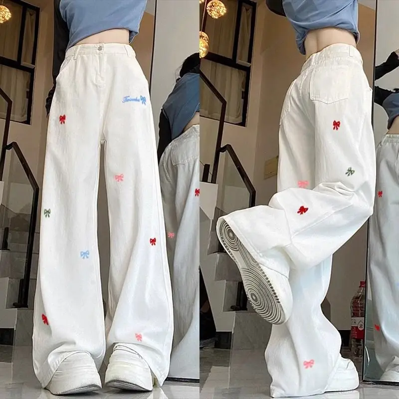 

American High Street Embroidered White Jeans for Women 2025 Spring Y2K Fashion High Waist Loose Straight Leg Wide Leg Pants