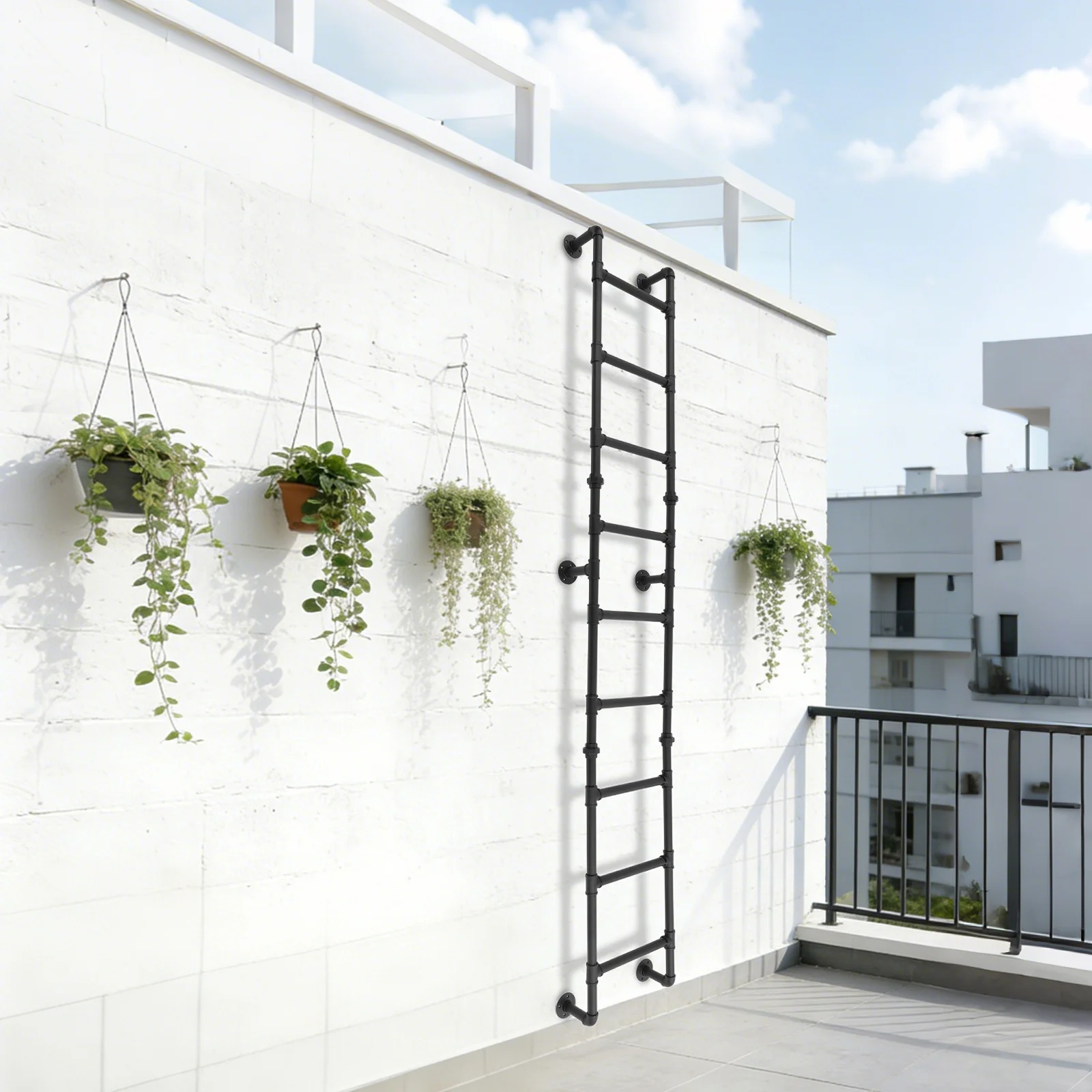 

Black 9-Rung Wall Mounted Step Ladder 274cm/107.87in Height - Durable Home Improvement Ladder for Easy Wall Access