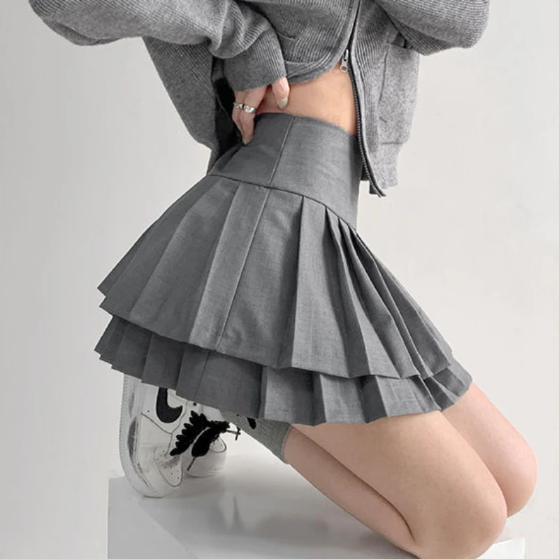 Preppy Style Double Pleated Skirt Women Summer Sexy Casual High Waist Patchwork Solid A-line Mini Skirt Korean Y2k Skirt