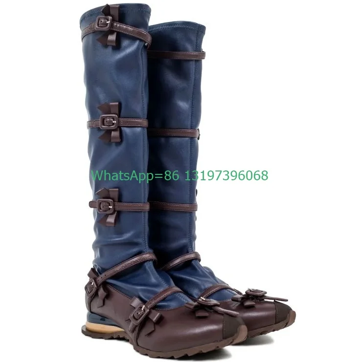 Lady Dark Blue Retro Style Buckle Strap Knee Boots Muti-Buckle Platform Pointed Toe Bowtie Design Runway Fall Footwear Size 46