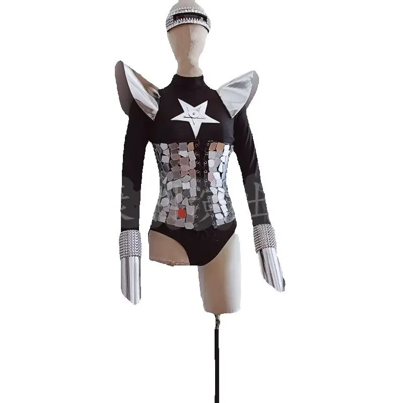 Gold Silver Mirrors Flying Shoulder Bodysuit Women Group Jazz Dance Outfit Bar DJ DS Gogo Suits Pole Dance Club Wear XS9706