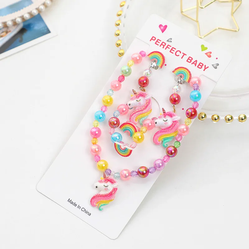 Cute Cartoon Colorful Unicorn Animal Child Sweater Necklace Bracelet Earring Ring Girl\'s Gifts Children\'s Jewelry Sets For Kids