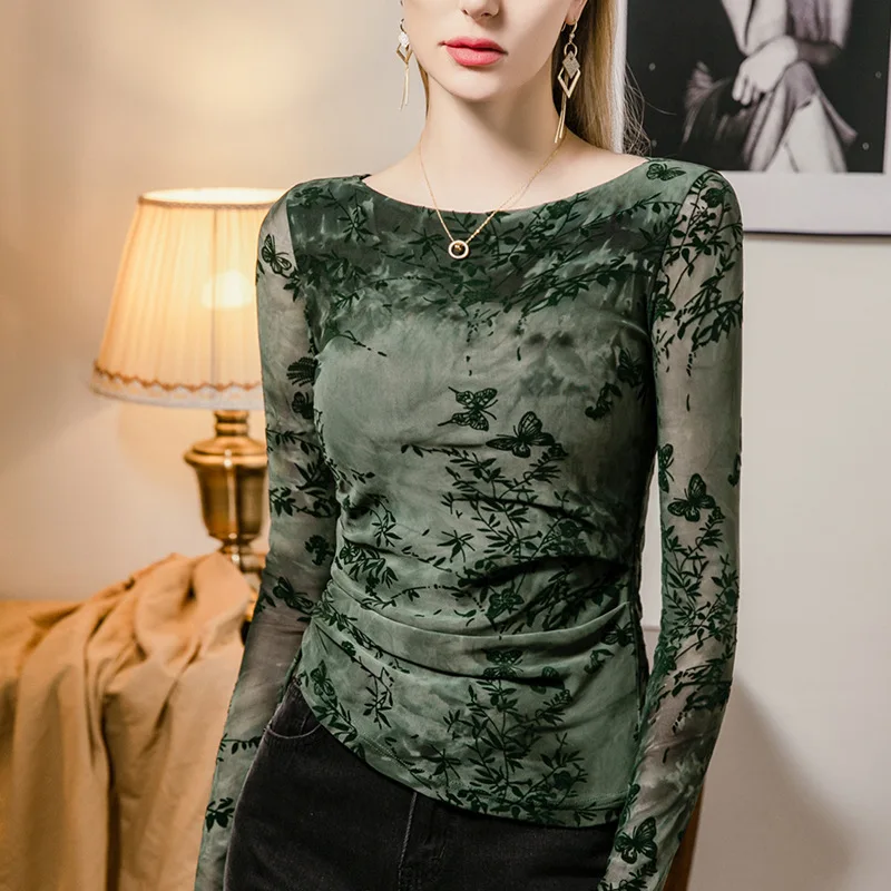 # 4267 Wiosna Lato Vintage Długi rękaw T Shirt Kobiety Slash Neck Sexy Skinny Short Tshirt Kobieta Cienki flokowany boczny sznurek