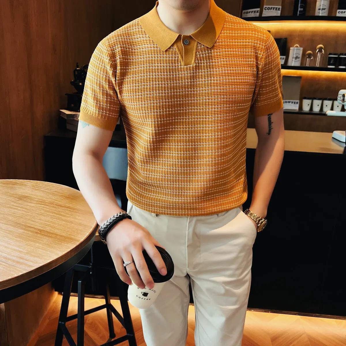 

Summer Men's Short Sleeved Polo Shirts Striped Knitted Ice Silk T-shirt Korean Version Fashionable Casual Business T-shirts 2026