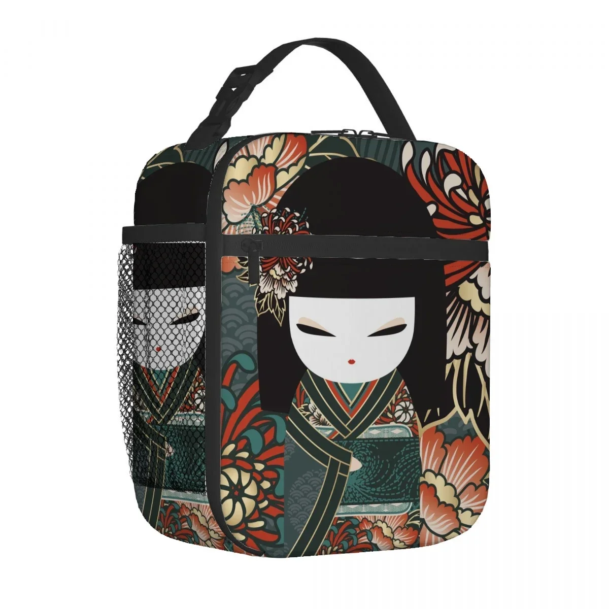 Japanese Red Sakura Kokeshi Doll  Portable Aluminum Foil Thickened Insulated Lunch Bag Waterproof Insulated Lunch Tote Bag