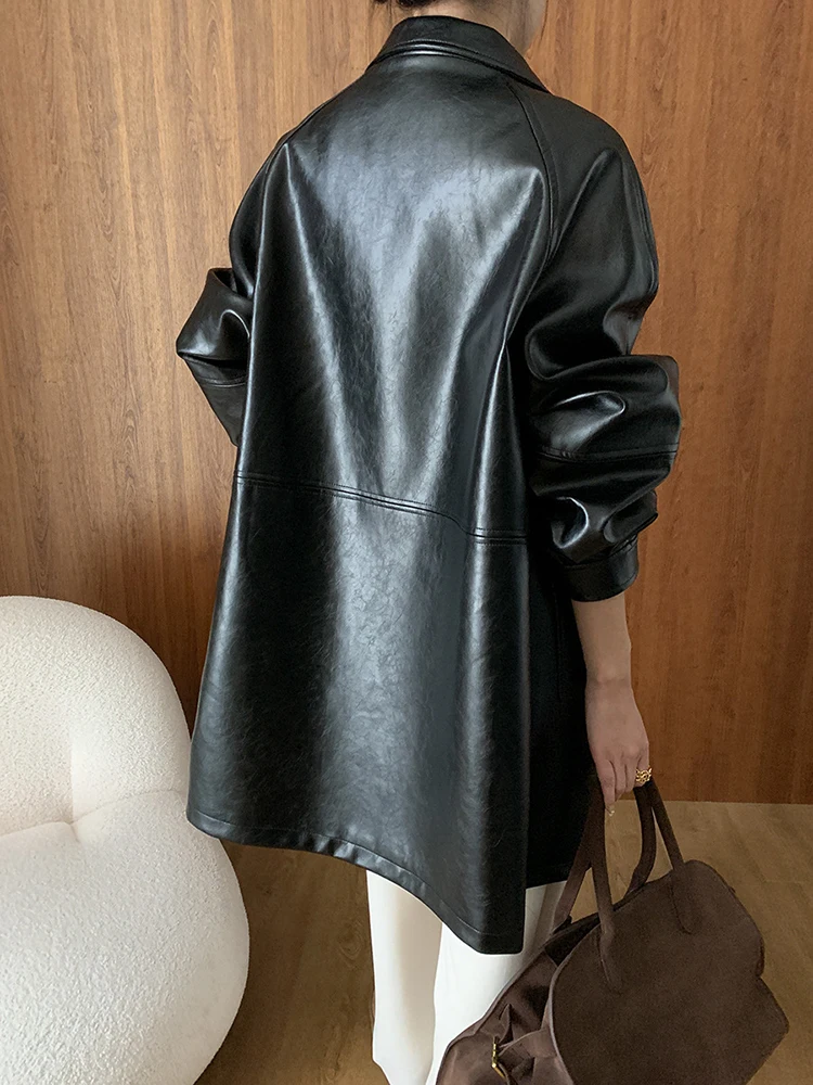 [EAM] PU Leather Coffee Big Size Long Casual Jacket New Lapel Long Sleeve Women Coat Fashion Tide Spring Autumn 2024 1DH6597