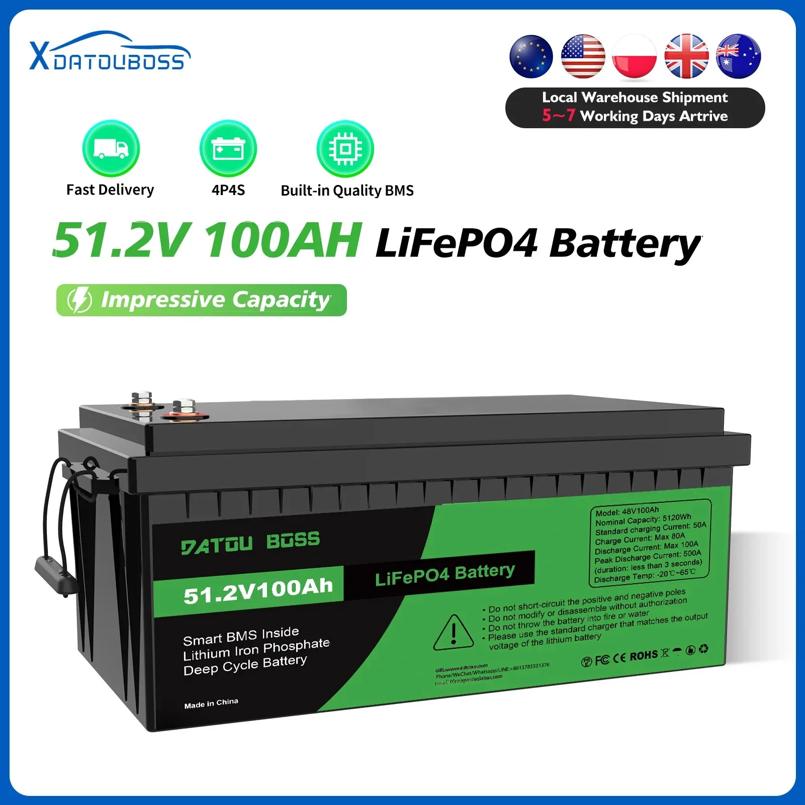 

DATOU100Ah 48V LiFePO4 Battery 5120Wh Max Charge Current 80A Peak Discharge Current 500A With Smart BMS Use for Inverters PV RV