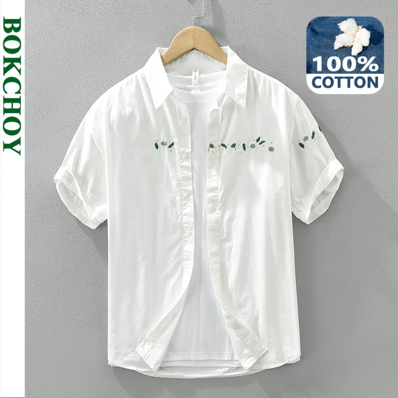 Camisas de manga corta bordadas para hombre, ropa informal fina de algodón puro, cómoda y holgada, primavera y verano, CM8078, novedad de 2024
