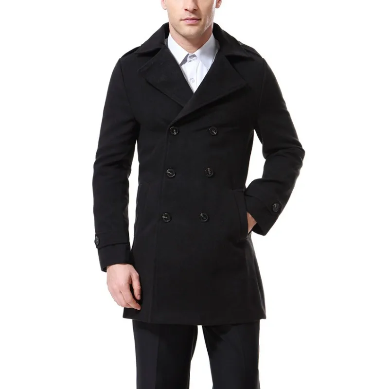 Autumn and Winter New Men's Casual Woolen Coat Double-breasted Epaulet Coat Trench Coat