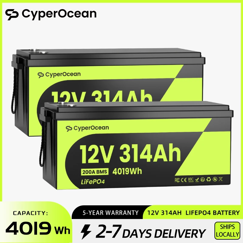 

CyperOcean 12V 314Ah LiFePO4 Lithium Iron Phosphate Battery 2 Packs, Built-in 200A BMS, For Backup Power Home Energy Storage