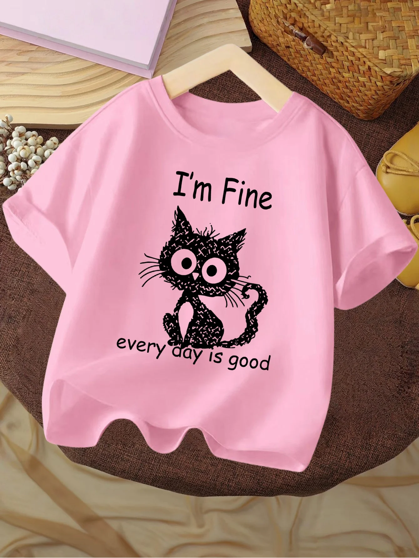 Cute Frayed Texture Black Kitten Positive Slogan Print Kids T Shirt Boys Girls Family Matching Summer Crew Neck Casual Tee