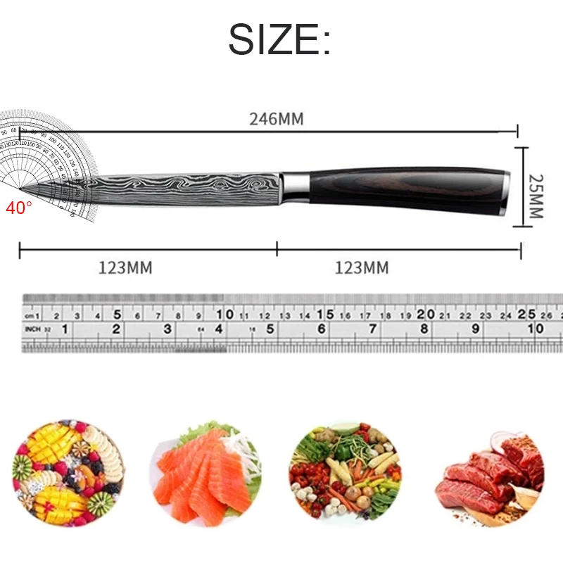 Colored Wooden Handle Laser Pattern Kitchen Utility Knife Stainless Steel Professional Slicing Knife Vegetable and Fruit Knife