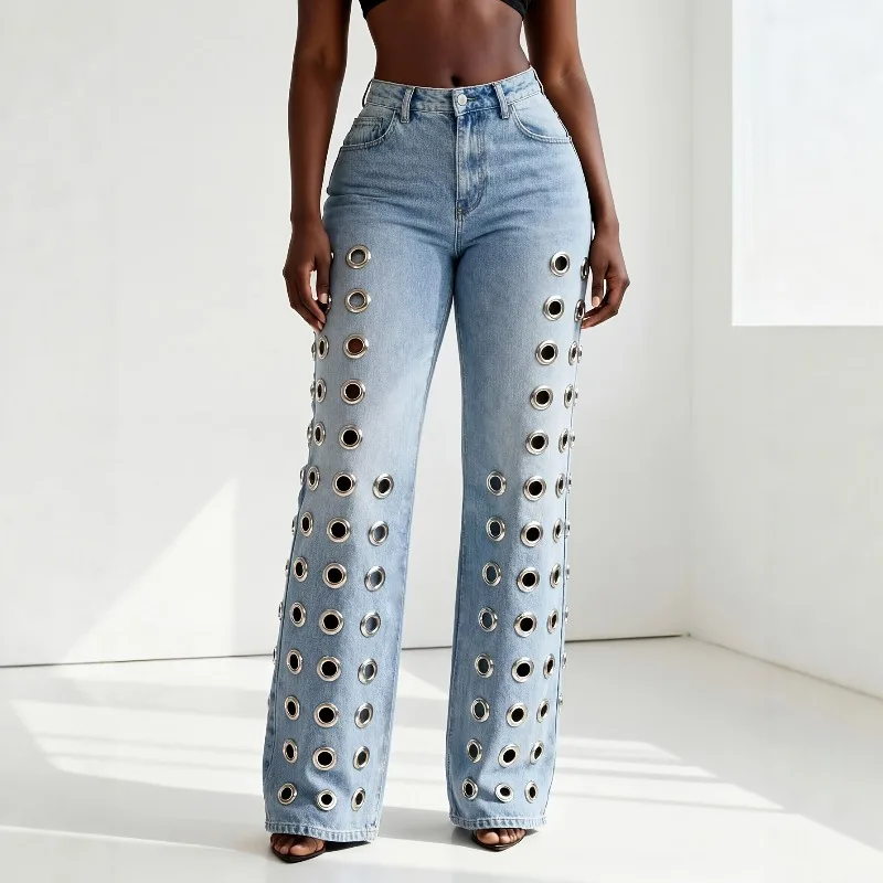 European American High-waisted Wide-leg Jeans Women's Metal Ring Hollow Straight Mopping Pants Hot Hollow Jeans Exquisite Simple