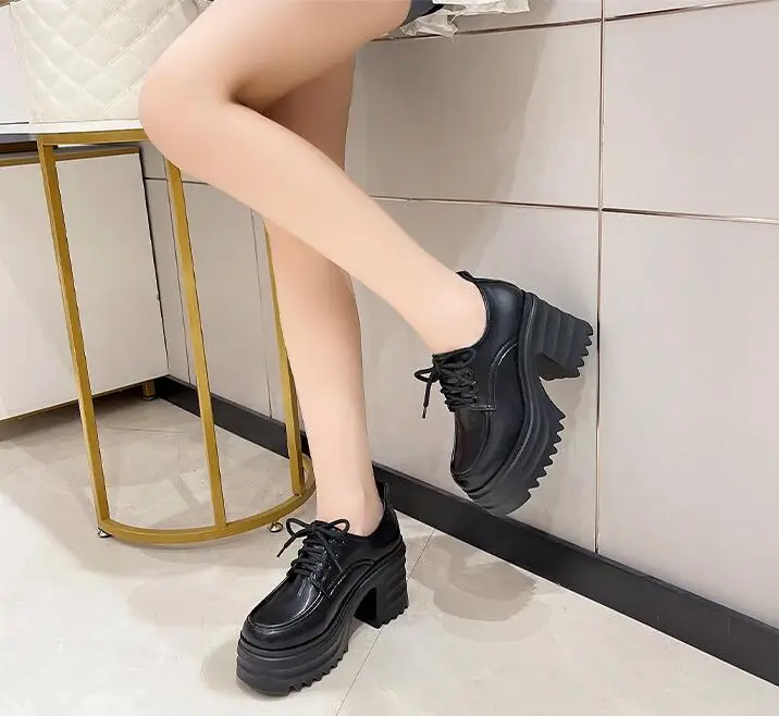 Women High Heels Shoes New Trend Fashion Party Shoes Wedges Pumps Casual Ladies Lace Up PU Leathesr Black Shoes