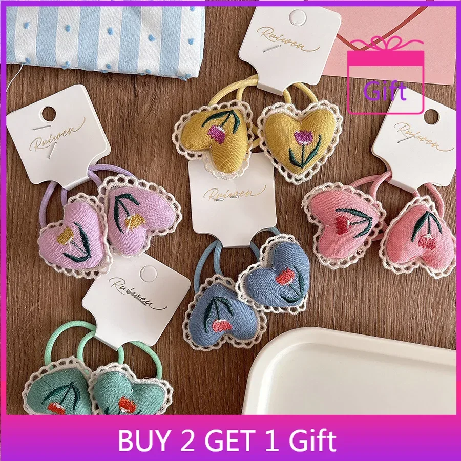 Korean Ins Style 3D Padded Lace Embroidered Heart Fabric Scrunchie High Stretch Hair Tie Women's Accessory