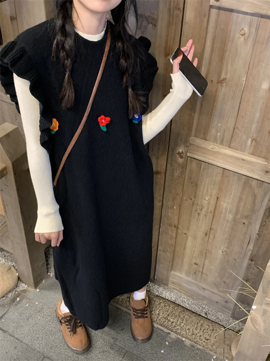 

Вязаный жилет-платье макси больших размеров с круглым вырезом, длинный, осенне-зимний, в корейском стиле, свободного кроя