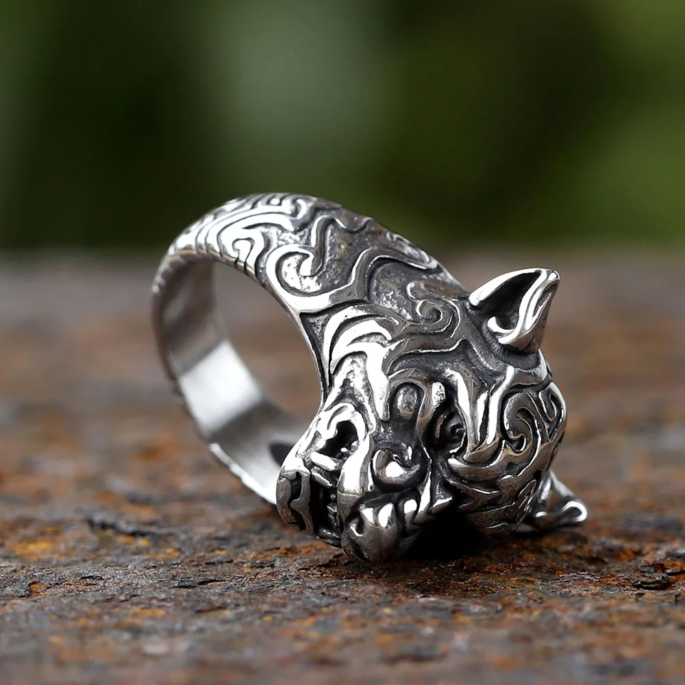 Gothic Personality 2024 New 316L Stainless Steel Tiger Head With Pattern Ring Creative Jewelry Animal Anels Boyfriend Gift