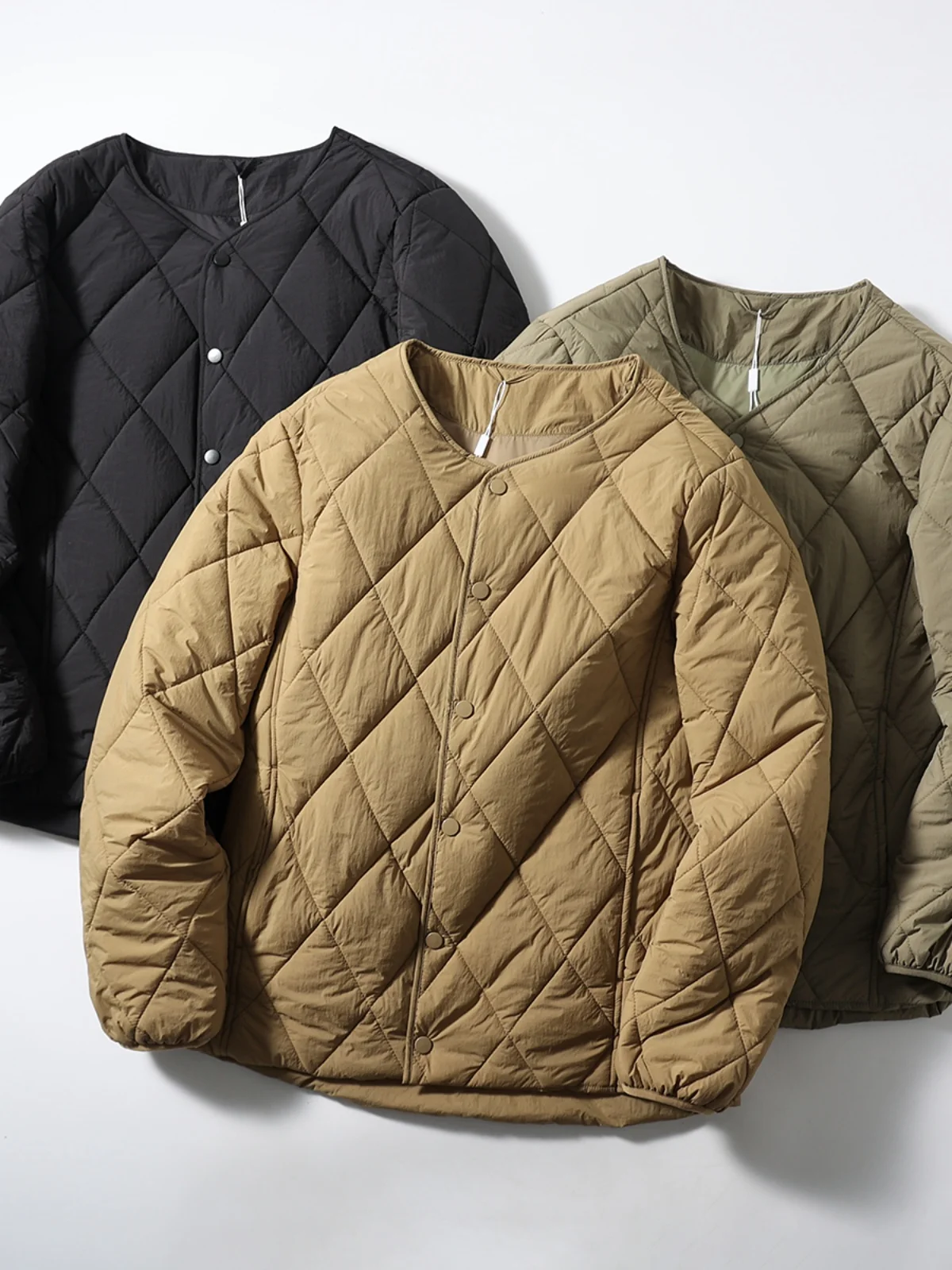 

Retro Quilted Jaet Lightweight Puffy round Ne Men's Cotton Thermal Coat Faionable Urban Sle Stand Fit Long Sve