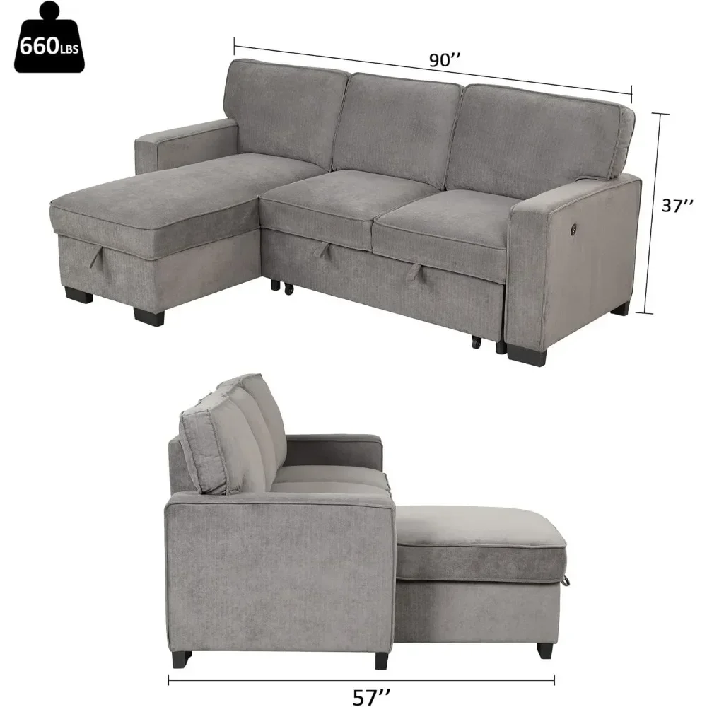 Convertible Sectional Sofas With Storage Space, USB Ports And Cup Holders, Pull Out Sectional Futon Sofa Bed, Living Room Sofas