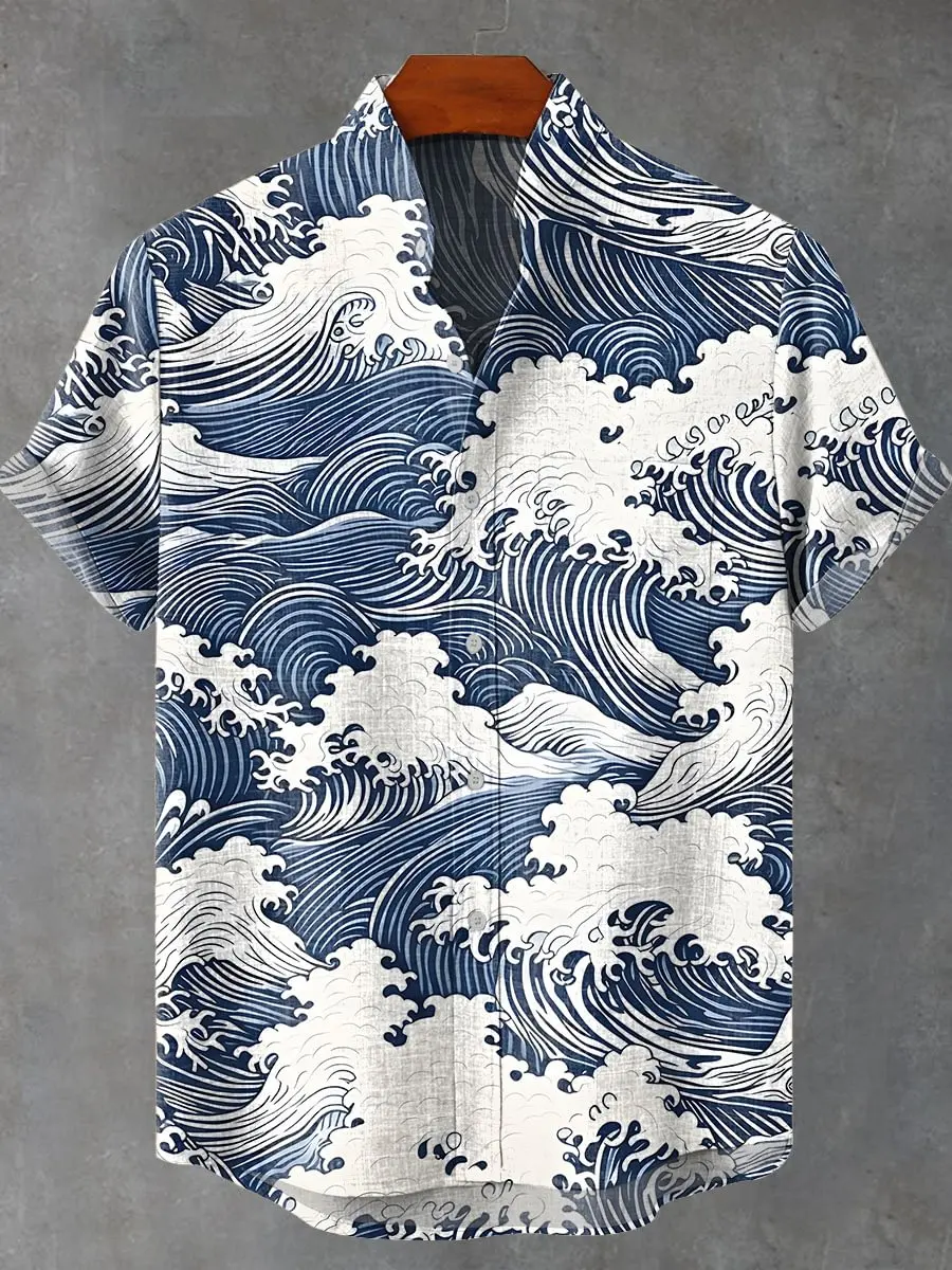 3D retro pink poppy print casual fashion button short sleeved men's linen shirt suitable for casual play