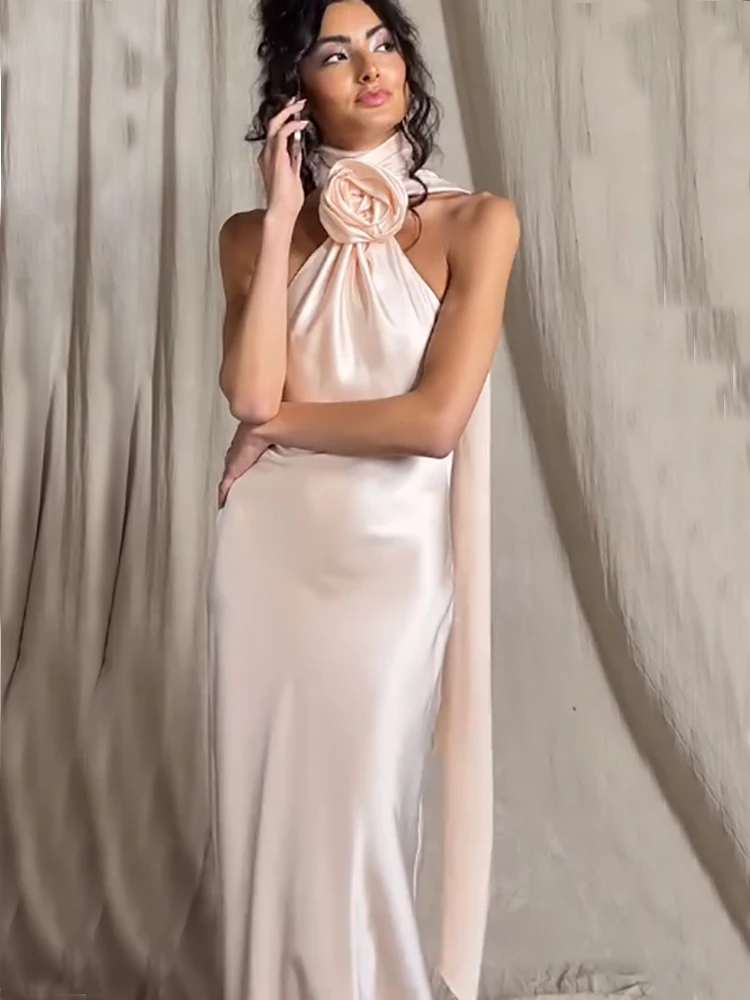 Feminino sexy flor halter fora do ombro cetim sem costas moda noite vestido longo verão luz luxo vestido de festa de casamento