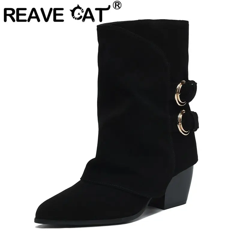 

REAVE CAT 2025 Новые женские ботильоны с острым носком из флока, замшевые блочные туфли на каблуке 7 см, пряжки на ремне 41 42 43 Fashion Western Bota