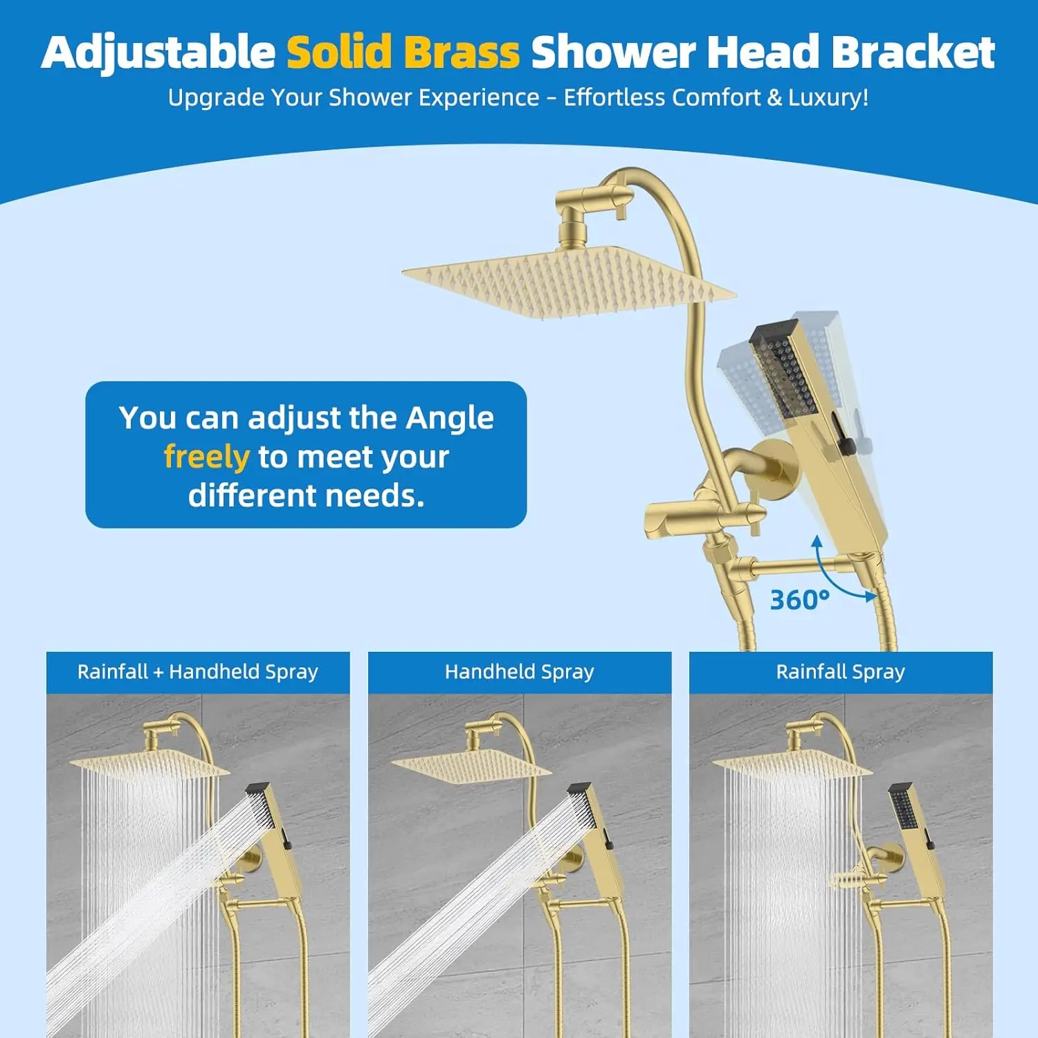 All Metal cUPC Certified Rainfall Shower Head Combo with Handheld Wand, 12'' Arm, 4-Spray Modes, Brushed Gold