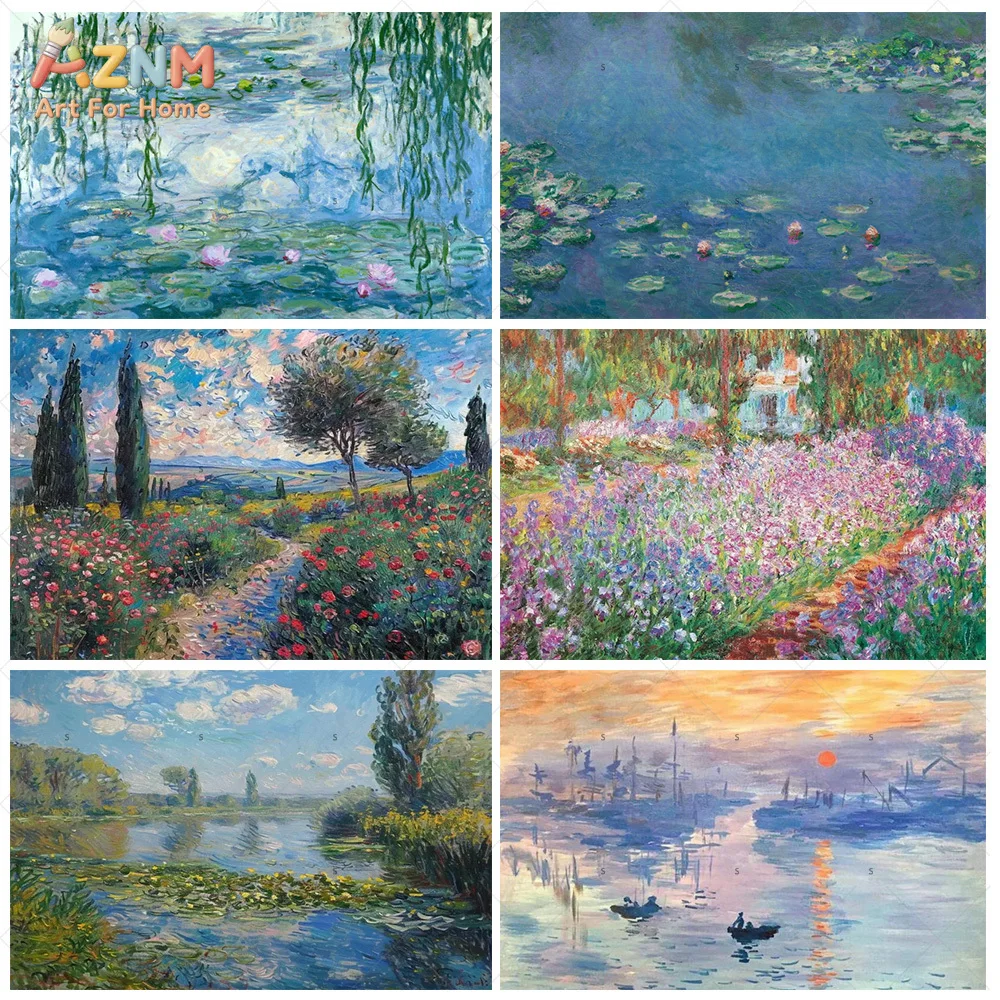 AZNM Claude Monet Impressionist Canvas Wall Art Water Lilies Sunrise Garden Landscape Classic Oil Painting Vintage Scenery Livin