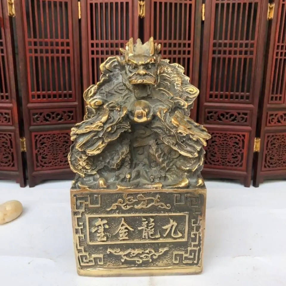 Copper dragon jade seal Statue Chinese dragon seal Statue Office Home Decor Gift for Desk Ornament
