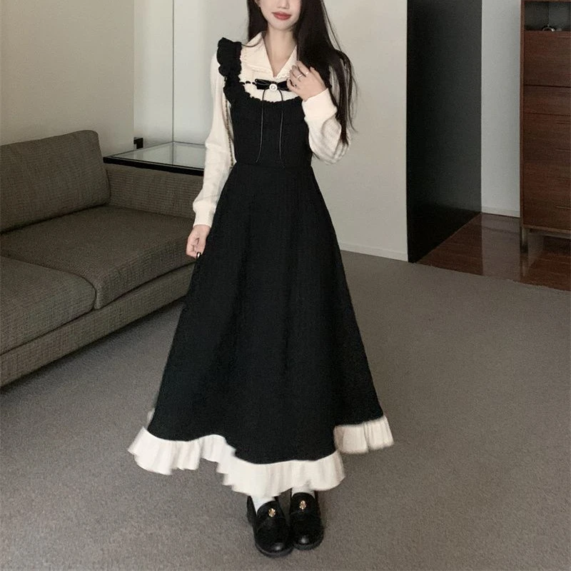 Beautiful and Gentle Patchwork Fake Two Piece Temperament Dress Women's Spring Black Long Skirt High-end Dress