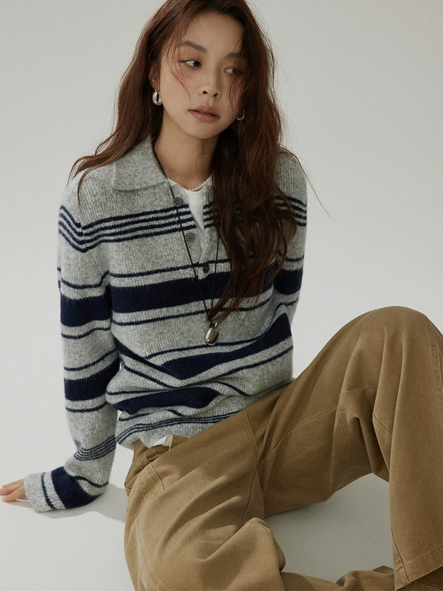 

Retro Faionable Striped Knitwear Women's Casual Long Sve Turn-down Collar Sweater Autumn Winter New Sle Simple Lazy Sle