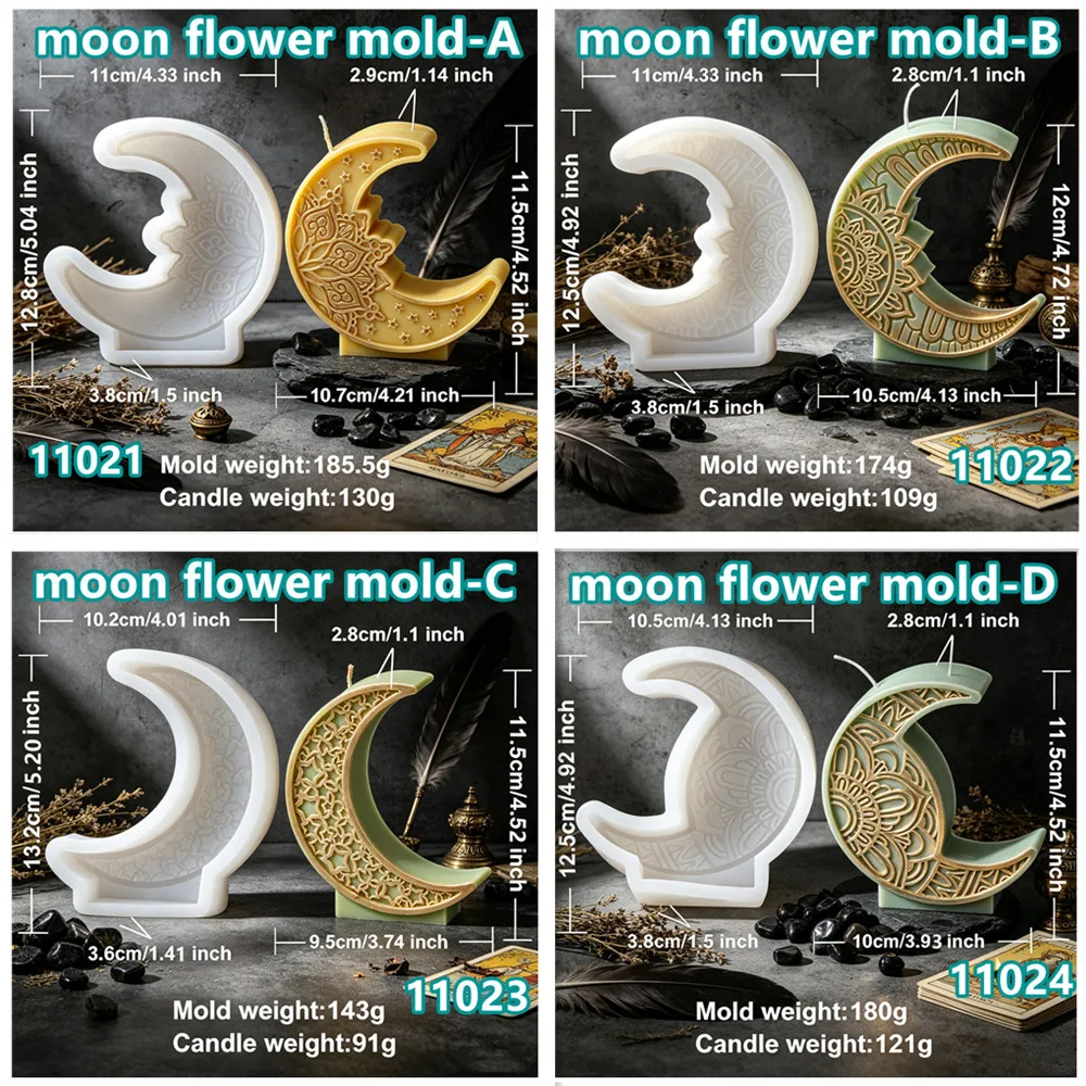 3D Embossed Crescent Moon Silicone Candle Mold Mandala Floral Pattern Moon Mold DIY Candle Resin Plaster Soap Ramadan Home Decor