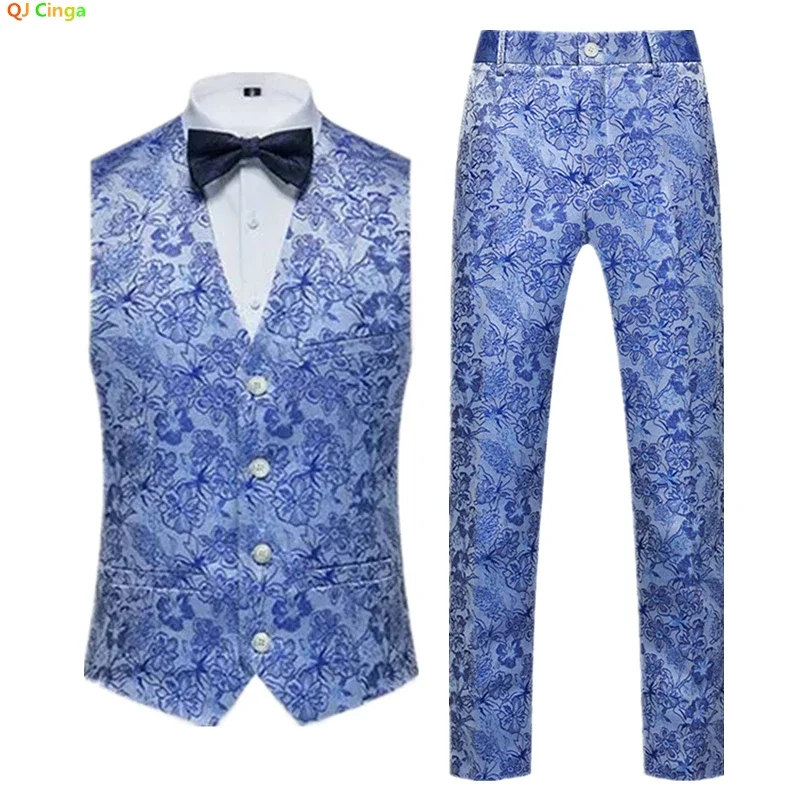 Blue Jacquard Fabric V-Neck Sleeveless Vest Jacket & Trousers Men's Wedding Party Two Piece Set White Black Red Purple M-5XL 6XL