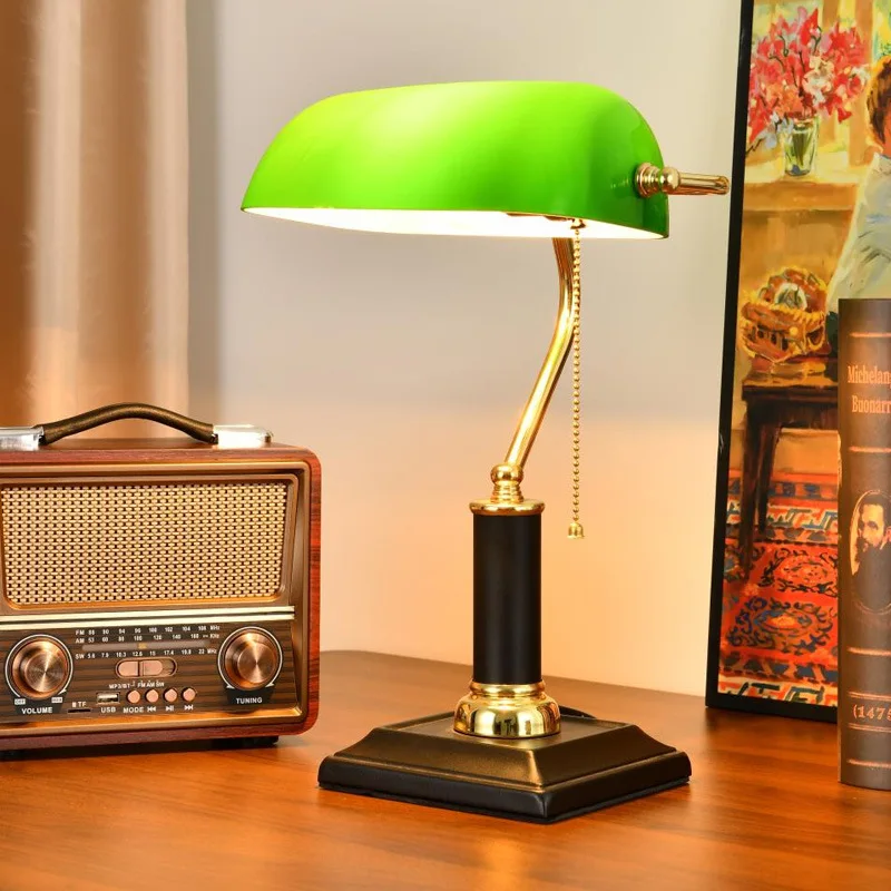 Vintage Republican Shanghai American Retro Solid Brass Banker Desk Lamp Classic Reading Light for Study Home Office Decor LED