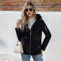 HaiLuoZi 2023 New Design Spring Autumn Women Jacket Classic Big Pocket Short Slim Female Outwear Hooded Zipper Women's Coat 3337