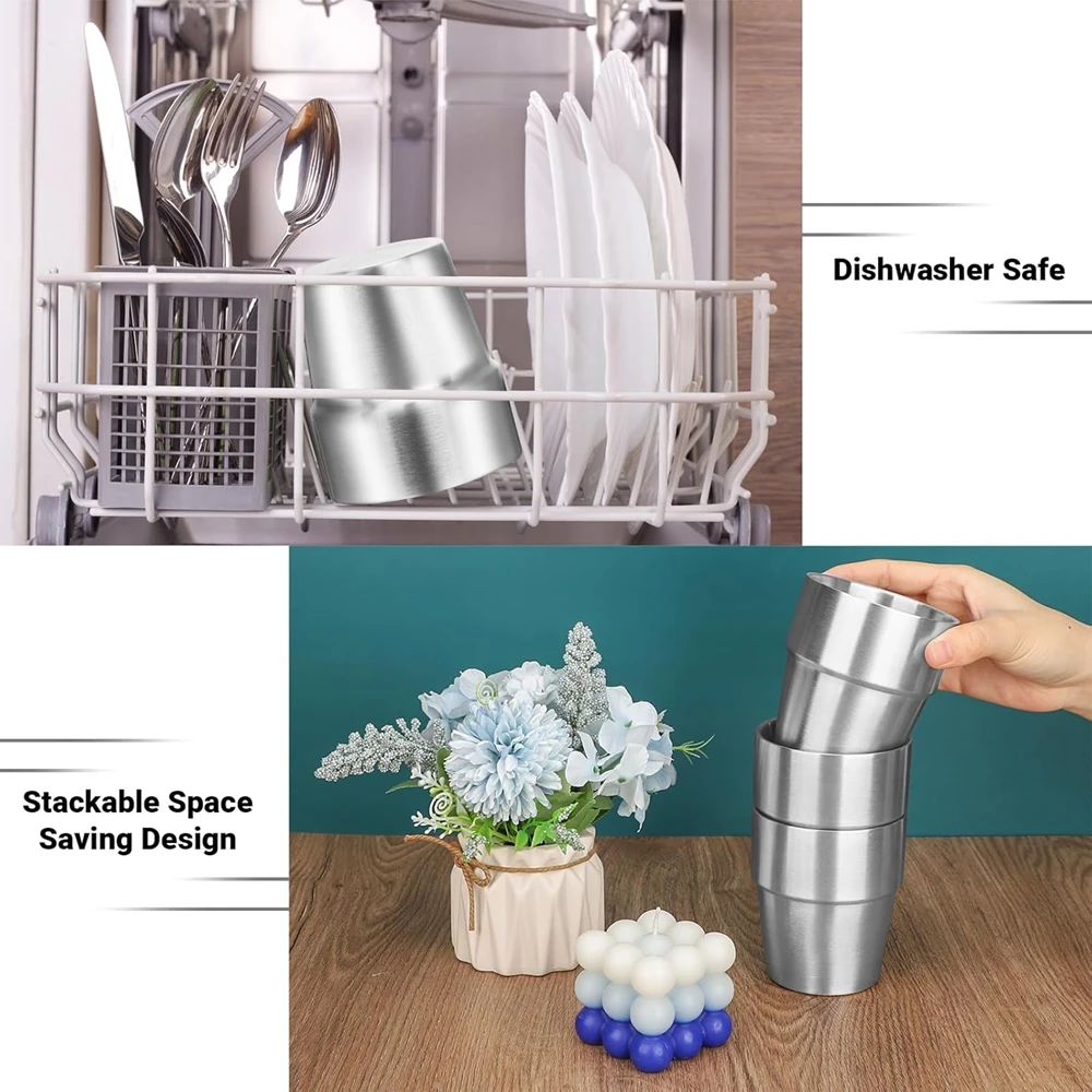 10oz Metal Cups 4 Pack Double Wall Stackable Insulated Stainless Steel Cups 6oz Drinking Glasses for Travel Camping Home Outdoor