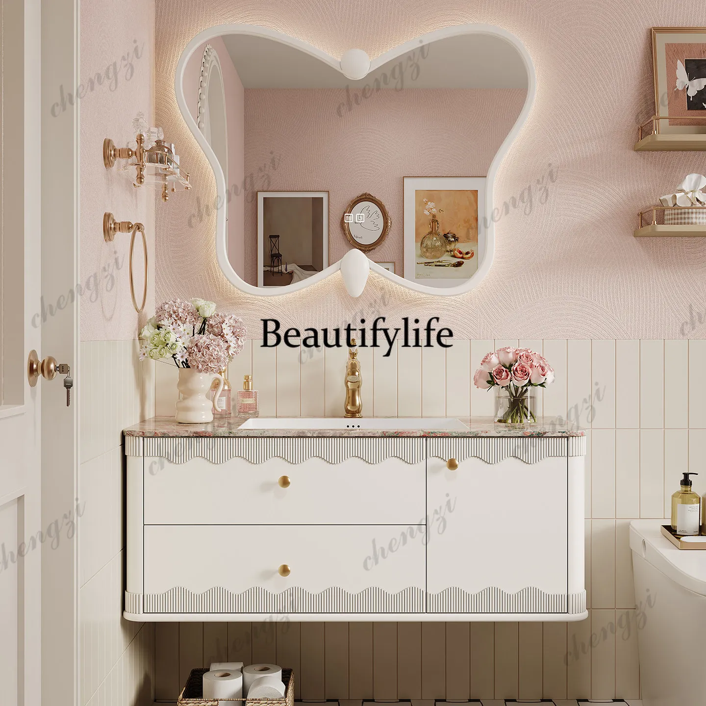 French Cream Wind Oak Bathroom Cabinet Combination Bathroom Slate Wash Bench Hand Basin