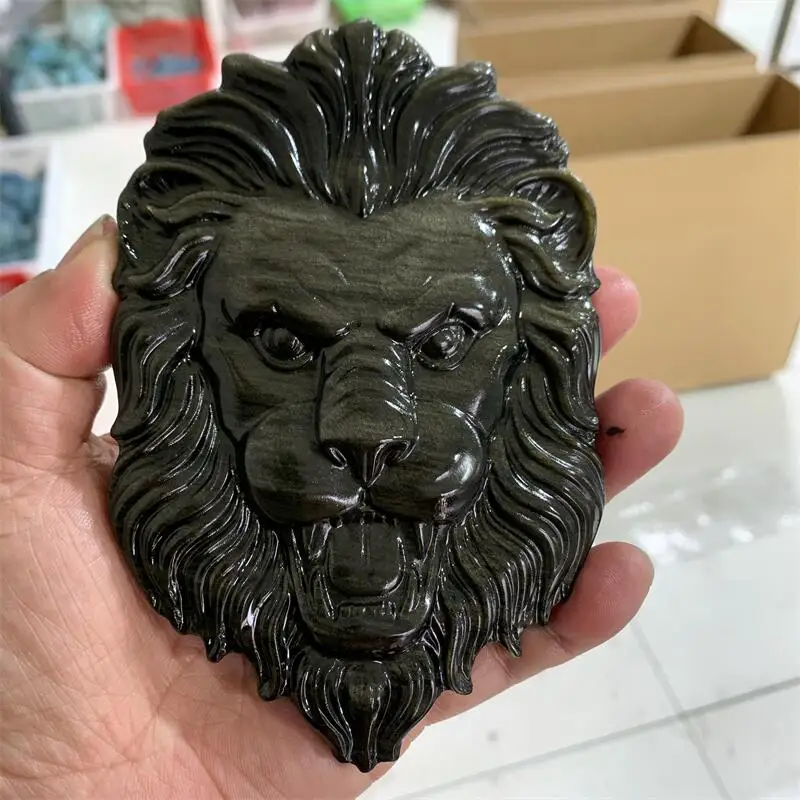 Natural Golden Obsidian Lion Head Carving Hand Cartoon Stones Healing Polished Mineral Ornaments Home Decoration 1PCS