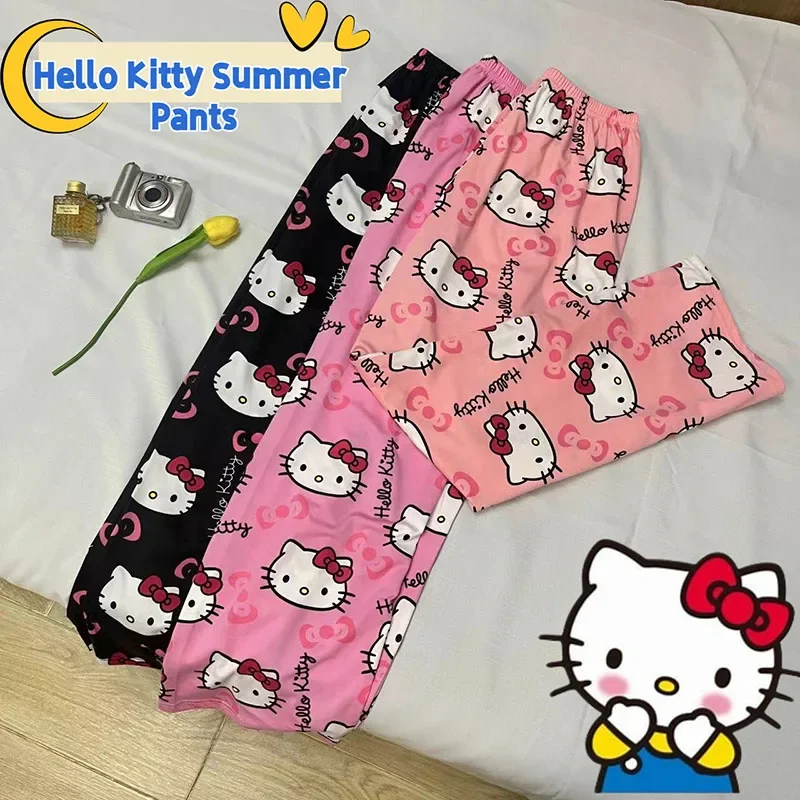 

Хлопковые свободные летние стильные женские пижамные штаны «Hello Kitty», пижамные штаны для женщин и мужчин, штаны для сна с героями мультфильмов, одежда для сна для девочек