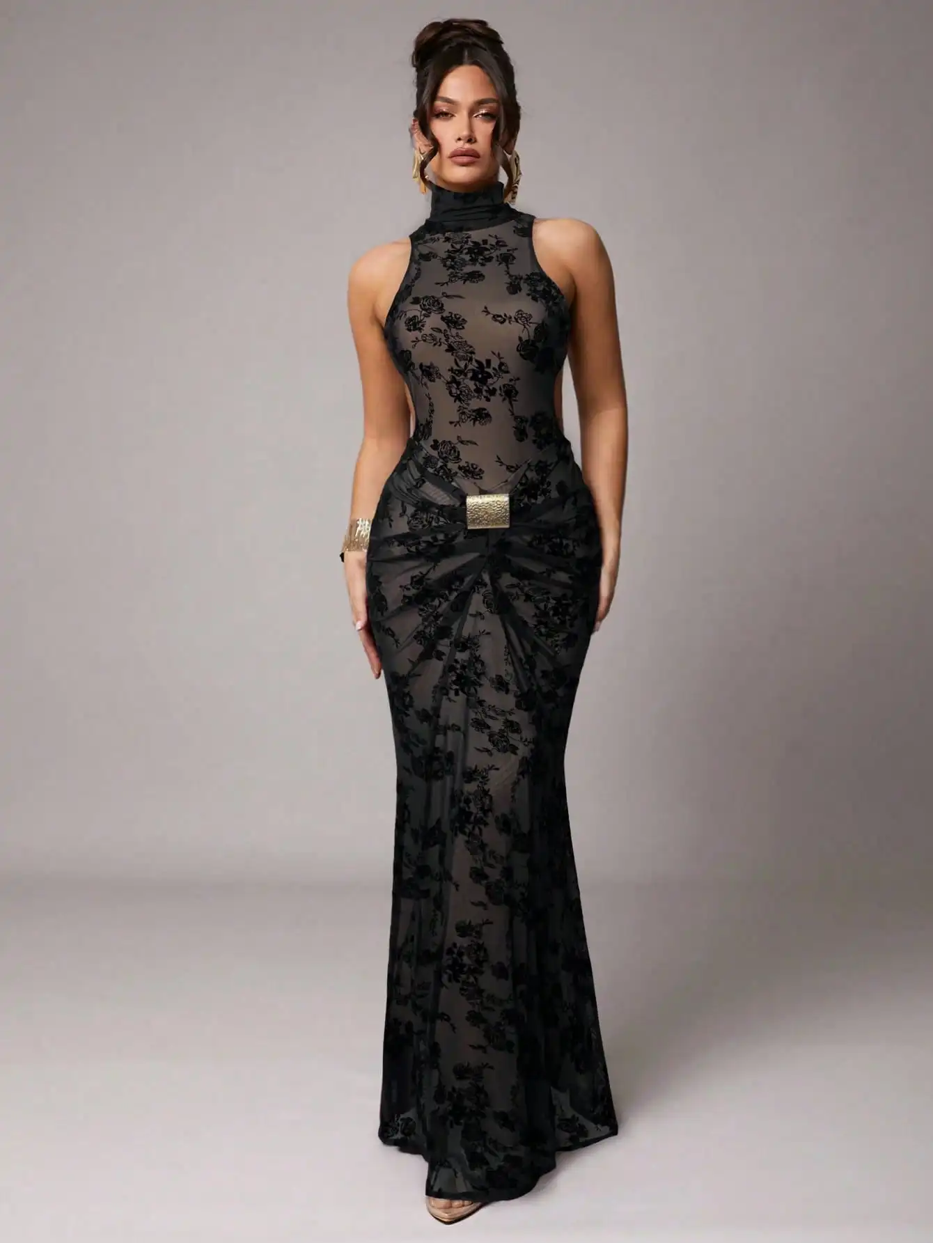 

Black Floral Flocked Sheer High Neck Mermaid Dress with Metal Buckle Waist